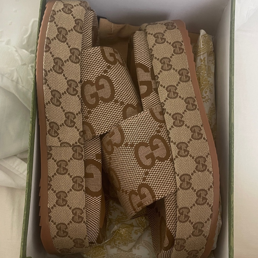 GG Beige and Brown Monogram Platform Sandals slides 39